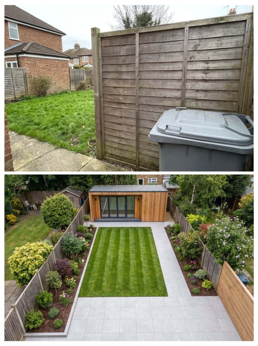 Comparison: a cluttered ground level phone photo of a garden above, the same garden captured from the air below