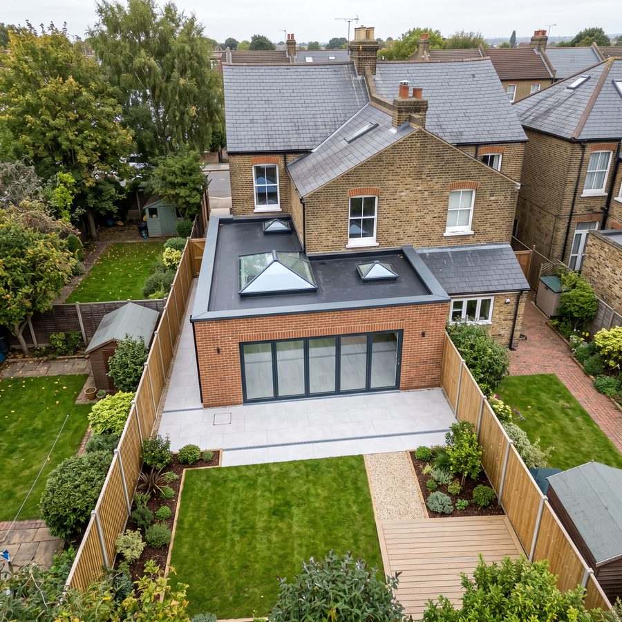 Aerial view of a finished rear extension with new paving and completed landscaping