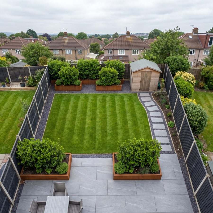 Top down view of a finished landscaped garden showing its full layout