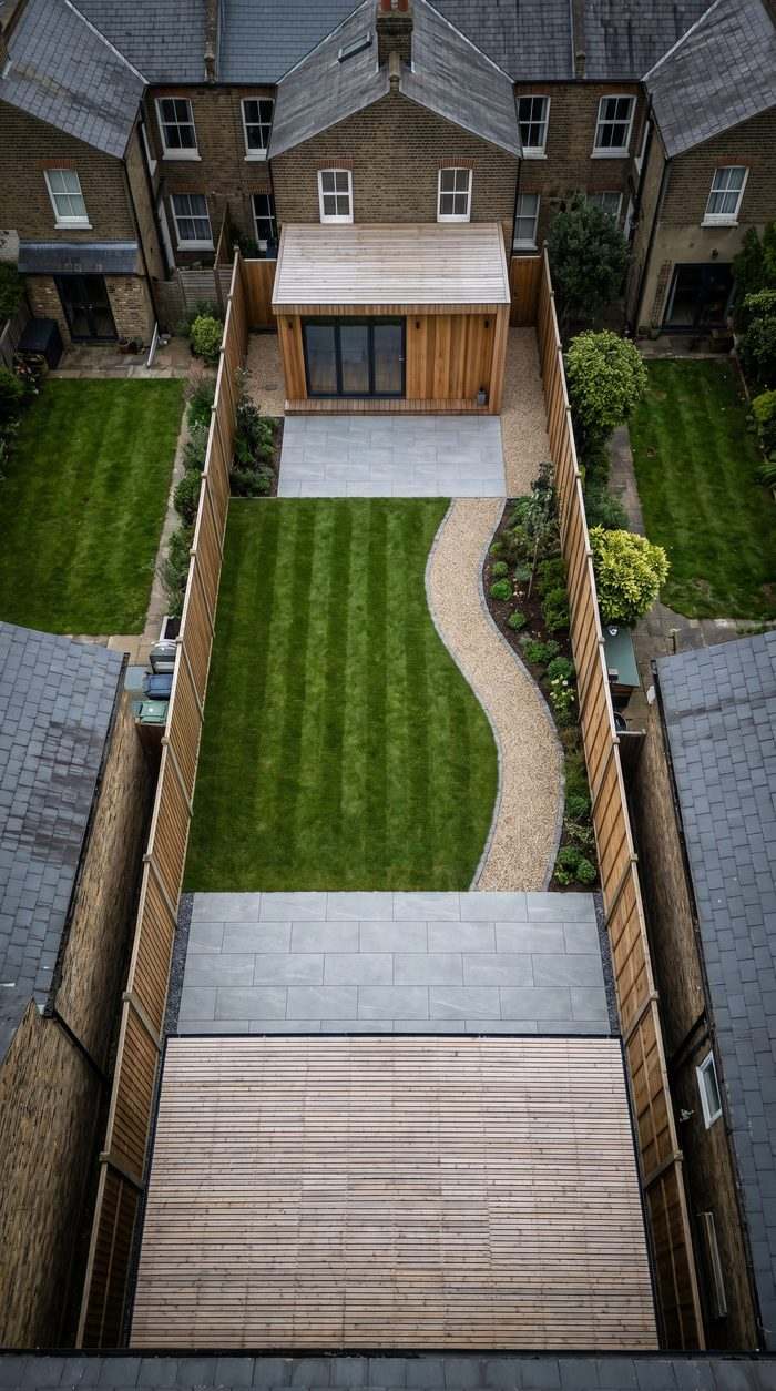 Vertical aerial view down the length of a long narrow garden, framed for social media