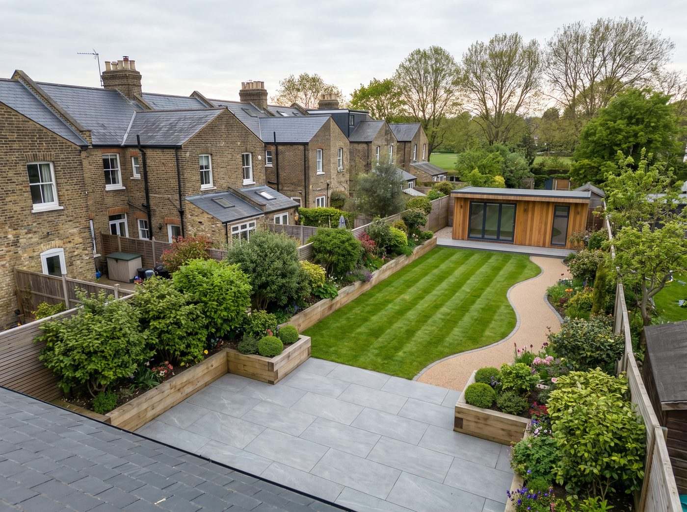 Aerial view of a completed rear garden landscaping project behind a South East London terraced house
