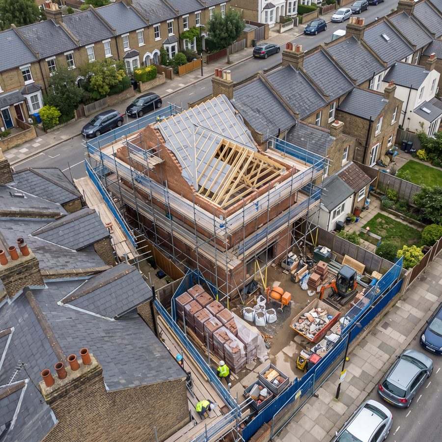 Aerial view of a residential extension under construction with scaffolding in place