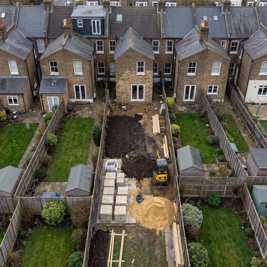 Overhead view of a South East London landscaping site part way through the works