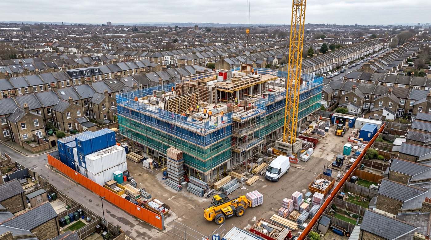 Aerial view of an active residential construction site with scaffolding and site fencing