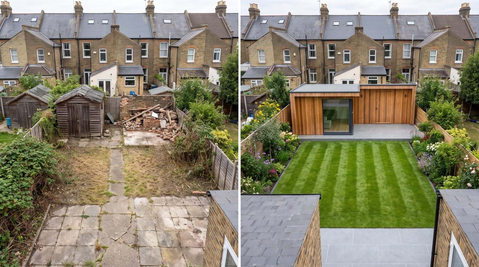 Side by side aerial before and after of the same garden, neglected on the left and transformed on the right