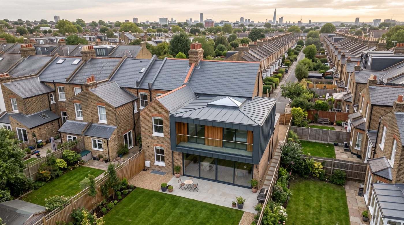 Aerial view of a completed contemporary rear extension joined to a period brick house