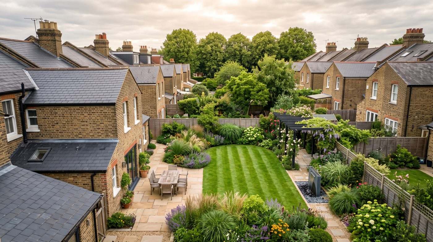 Aerial view of a fully transformed rear garden with patio, striped lawn and planted borders