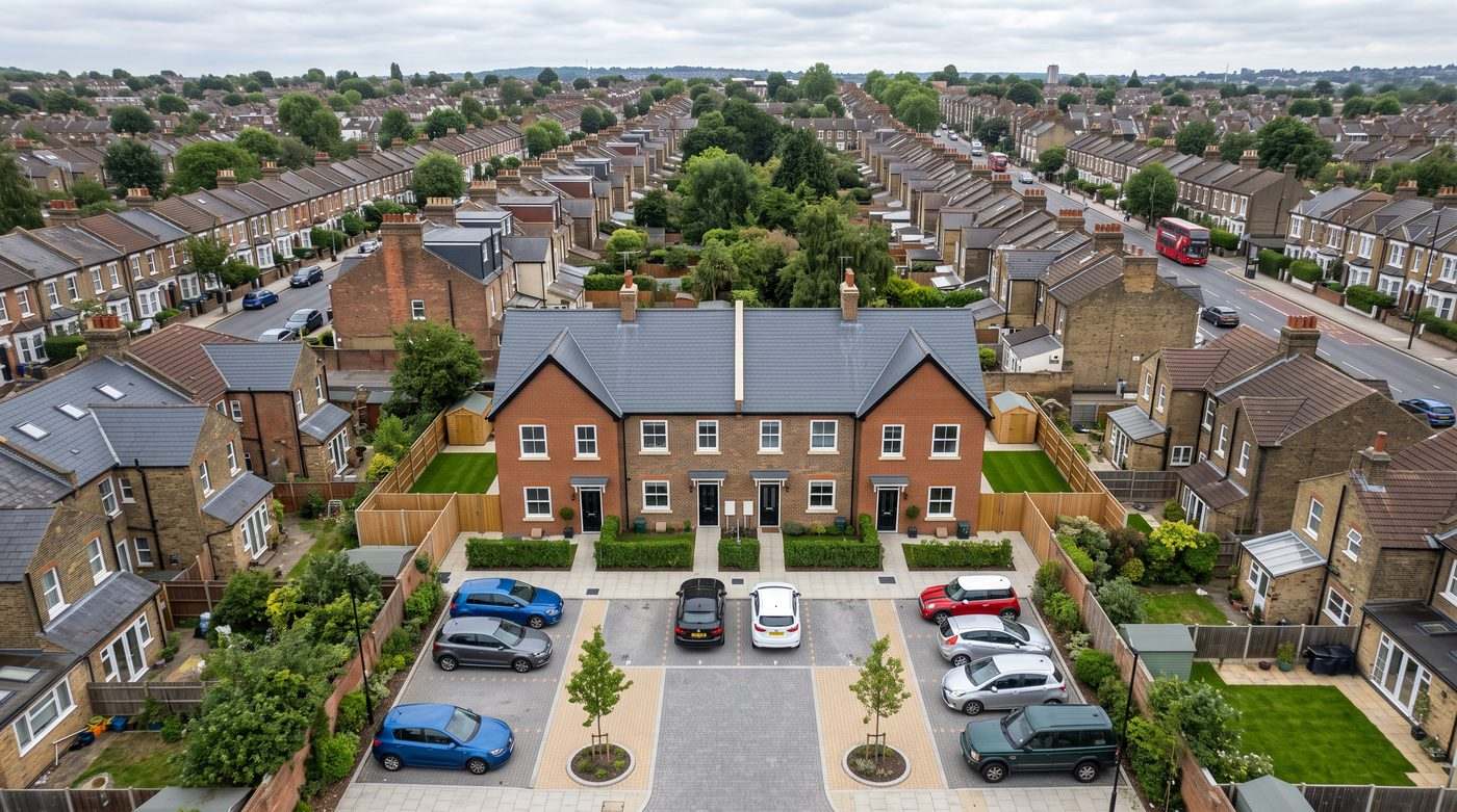 Aerial view of a small terrace of newly completed townhouses with private rear gardens