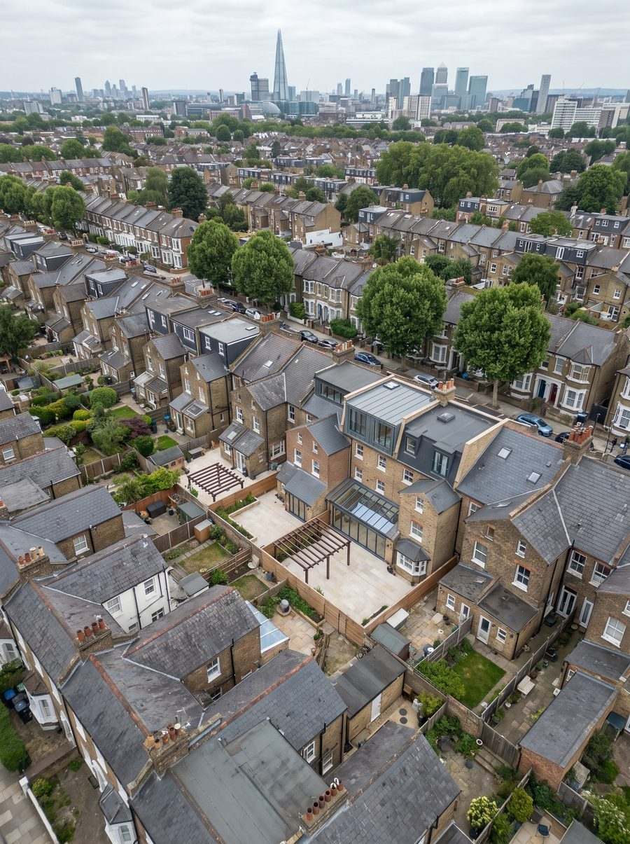 Aerial view over South East London terraced streets and long rear gardens